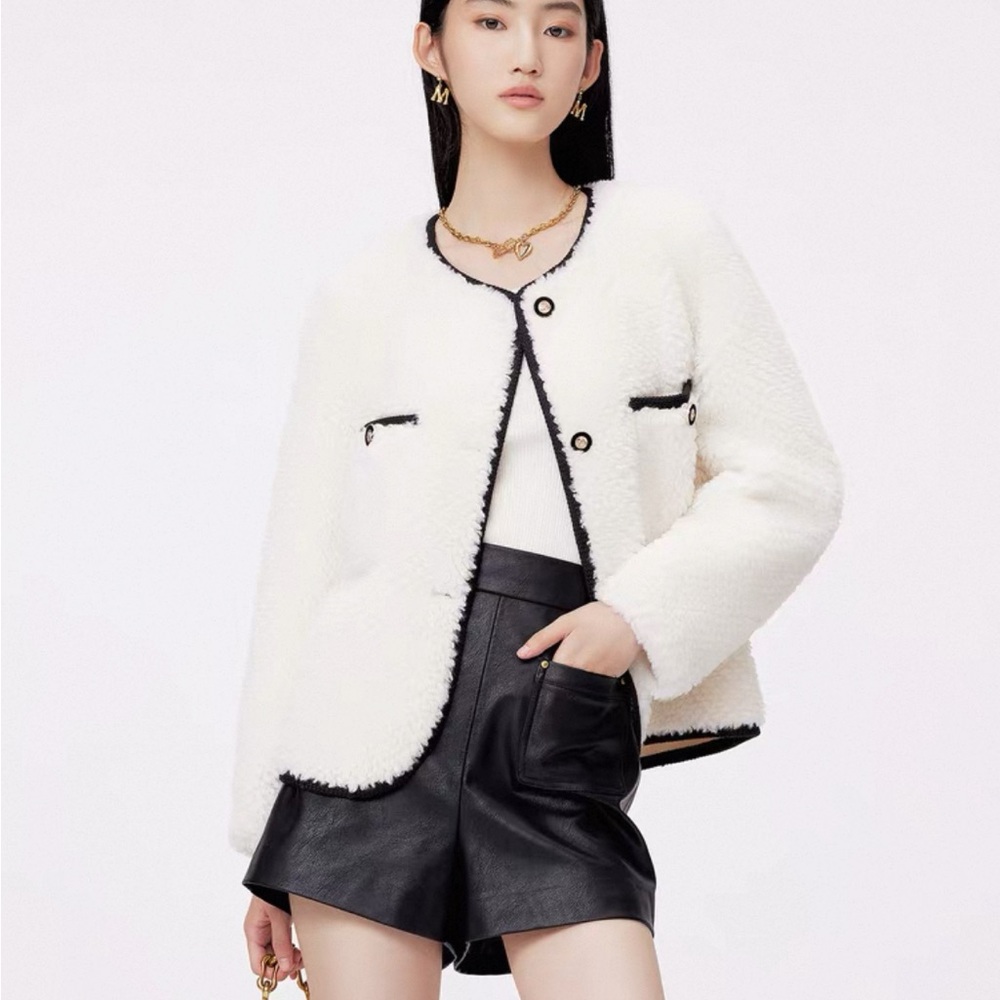 Womens faux fur white Jacket with Black Trim